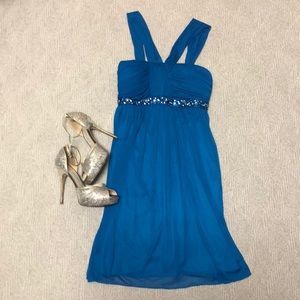 Peacock Blue Party Dress Beaded Bodice